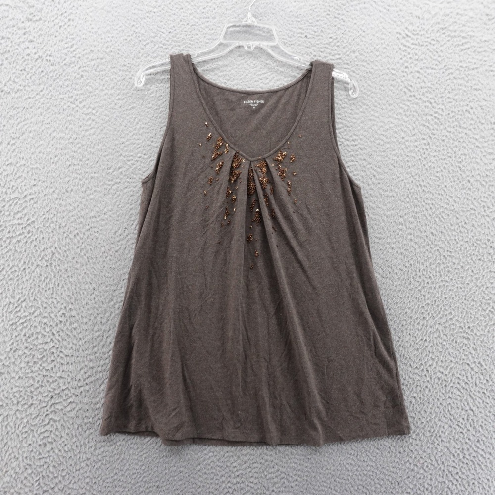 Eileen Fisher Embellished Sleeveless Tank‎ Top Medium Brown Womens Knit Beaded